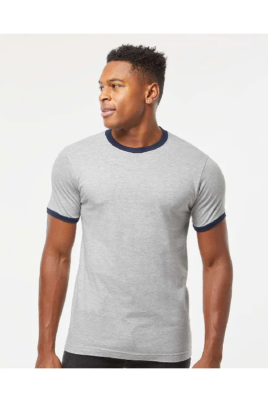 Bold Designs Tultex Mens Fine Jersey Ringer Short Sleeve Crewneck T-Shirt - Heather Grey/Navy Blue
