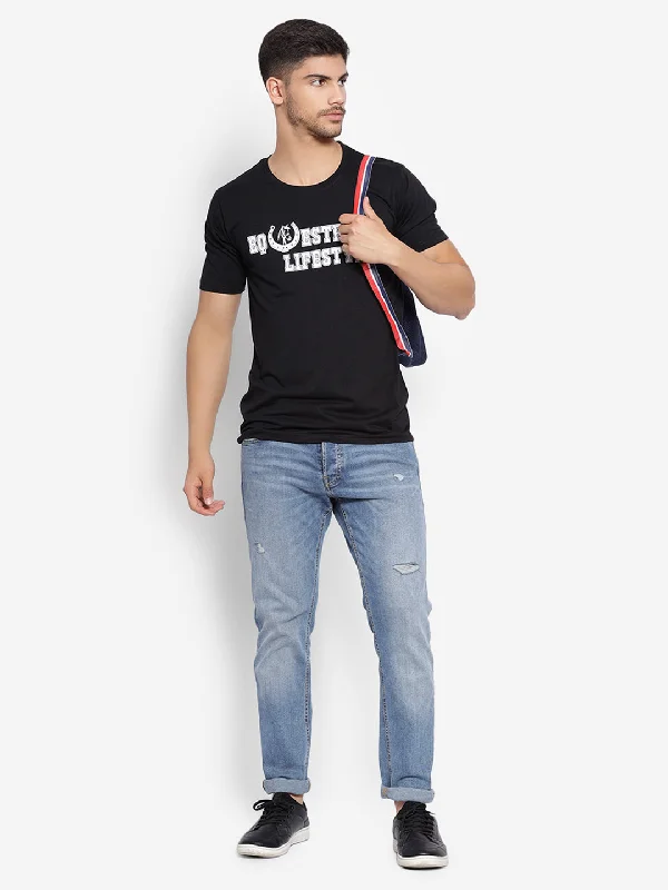Relaxed Jackets JUMP USA Unisex Black Solid Cotton Round Neck Printed T-Shirt