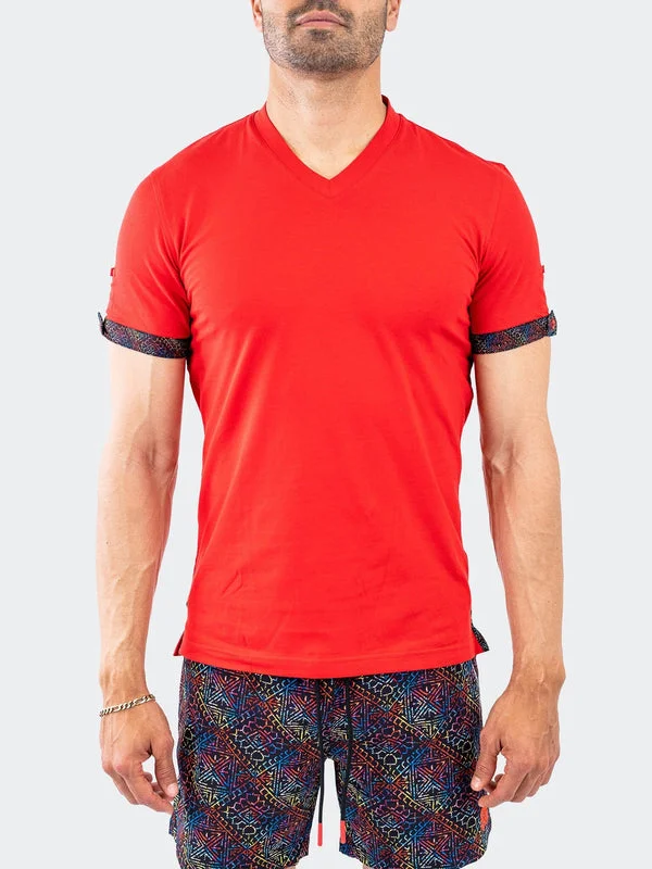 Trendy Apparel Maceoo Stretch Short-Sleeve Tshirts | V-Neck Vivaldi Solid32 Red