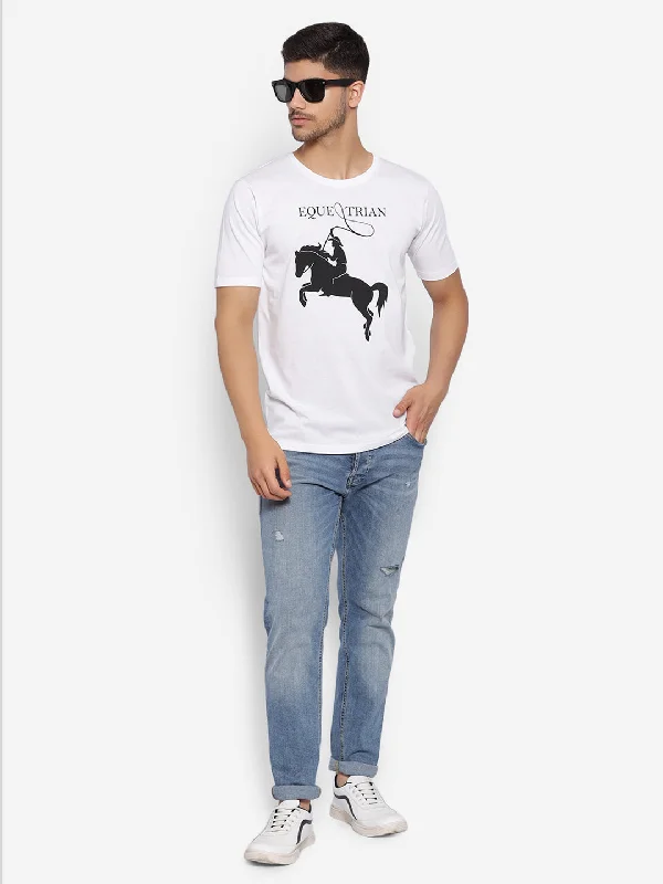 Casual Fits JUMP USA Unisex White Solid Cotton Round Neck Printed T-Shirt
