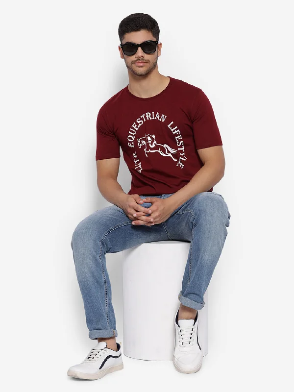 Premium Clothing JUMP USA Unisex Maroon Solid Cotton Round Neck Printed T-Shirt
