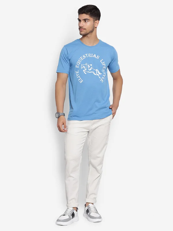 Casual Shirts JUMP USA Unisex Sky Blue Solid Cotton Round Neck Printed T-Shirt