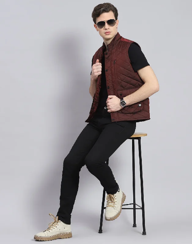 Everyday Apparel Men Maroon Solid Stand Collar Sleeveless Jacket