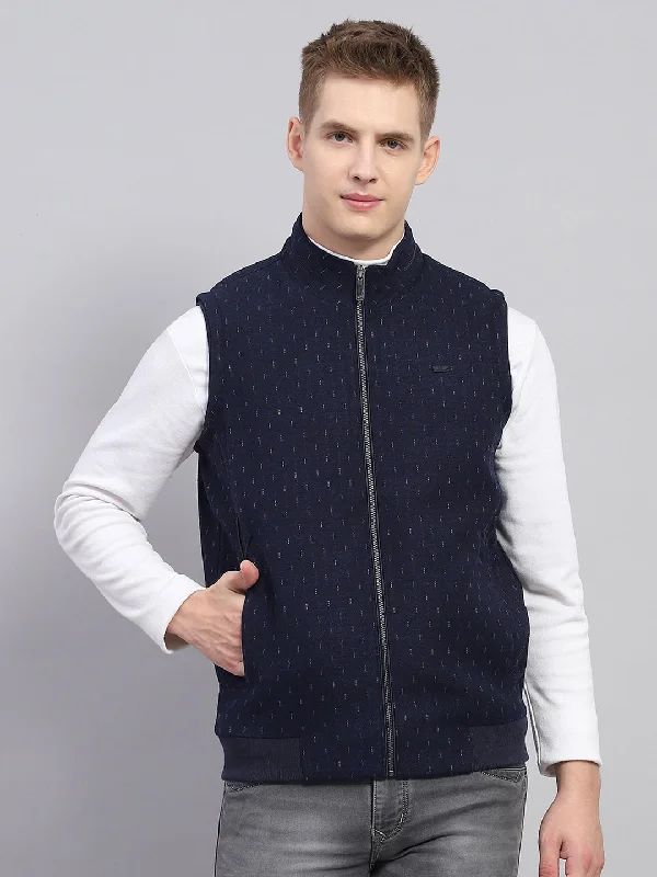 Fall Fashion Men Navy Blue Printed Mock Neck Sleeveless Jacket
