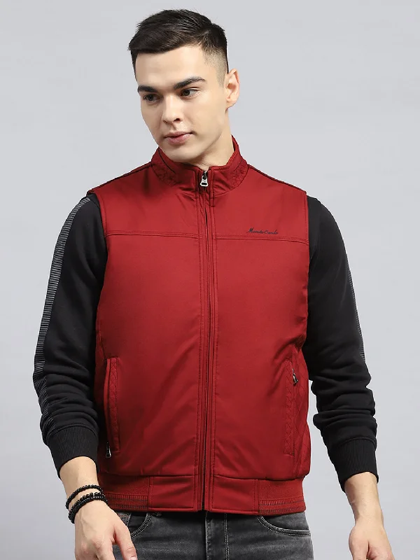 Fresh Outfit Men Maroon Solid Mock Neck Sleeveless Jacket