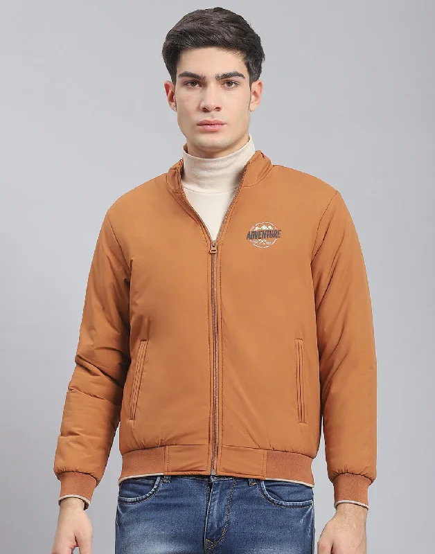 Winter Outfits Men Brown Solid Stand Collar Full Sleeve Jacket