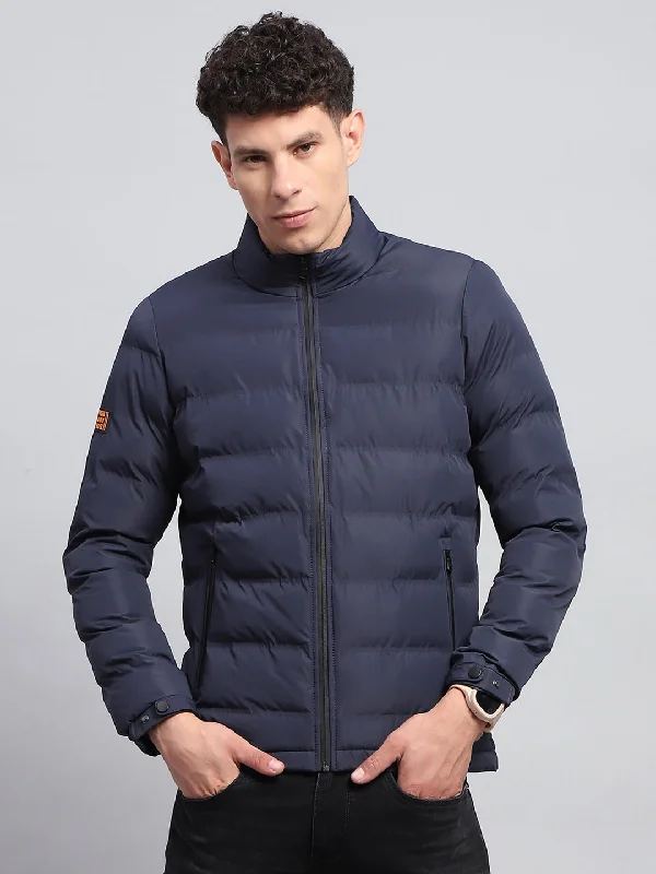 Smart Casual Men Navy Blue Solid Mock Neck Full Sleeve Jacket