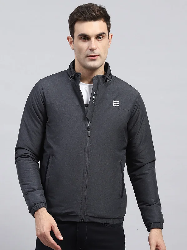 Classic Apparel Men Charcoal Solid Mock Neck Full Sleeve Jacket