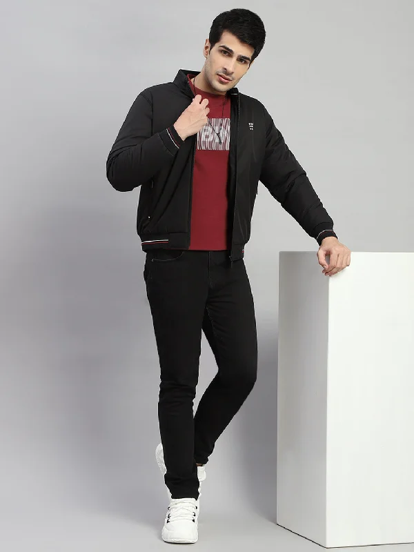Athletic Outfits Men Black Solid Mock Neck Full Sleeve Jacket