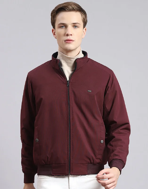 Formal Shirts Men Maroon Solid Stand Collar Full Sleeve Jacket