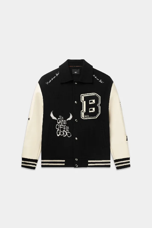 Bold Designs Game of the Gods Graffiti Box Fit Varsity Jacket Jet Black