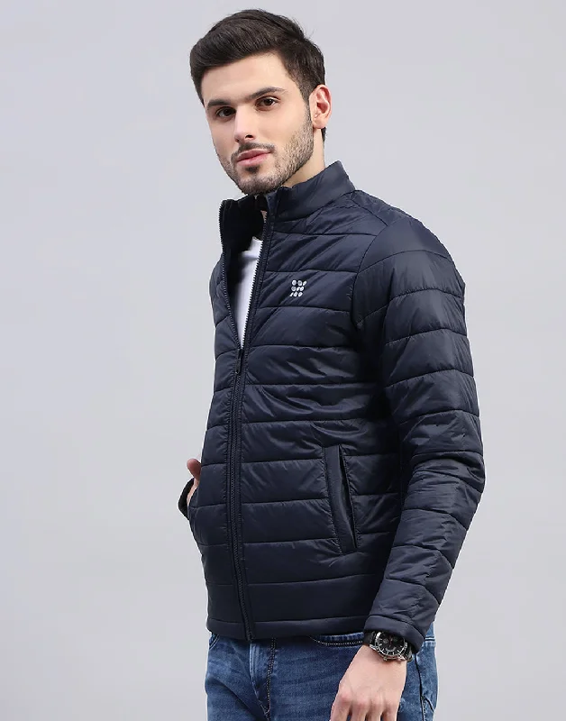 Timeless Wardrobe Men Navy Blue Solid Band Collar Full Sleeve Jacket