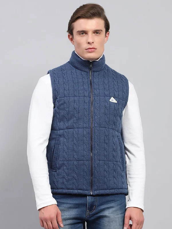 Modern Outfit Men Blue Self Design Mock Neck Sleeveless Jacket
