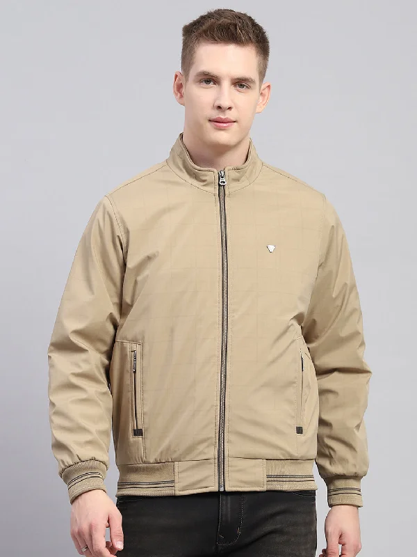 Fashion Bottoms Men Khaki Solid Mock Neck Full Sleeve Jacket