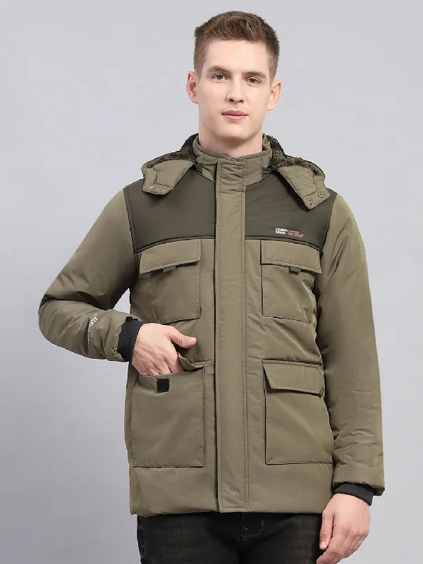 Fashionable Wear Men Olive Solid Detachable Hood Full Sleeve Jacket