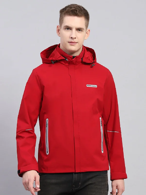Active Styles Men Red Solid Detachable Hood Full Sleeve Jacket