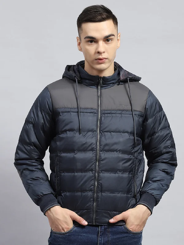 Casual Outerwear Men Navy Blue Solid Detachable Hood Full Sleeve Jacket