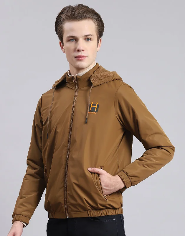 Daily Looks Men Brown Solid Hooded Full Sleeve Jacket