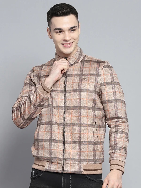 Smart Wear Men Khaki Solid Mock Neck Full Sleeve Reversible Jacket