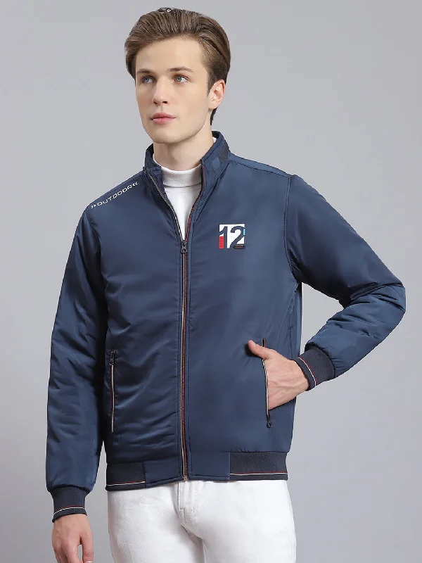 Streetwear Clothing Men Navy Blue Solid Stand Collar Full Sleeve Jacket