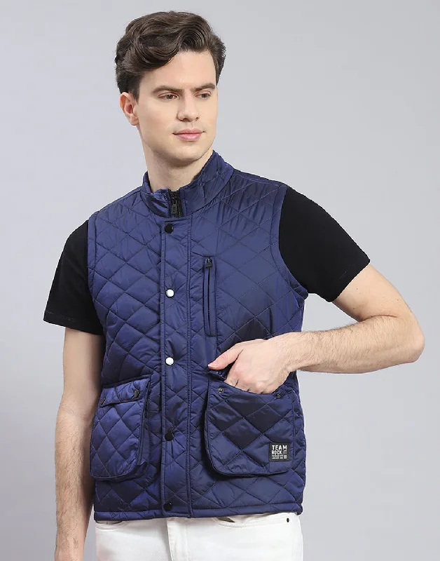 Easygoing Wardrobe Men Blue Solid Stand Collar Sleeveless Jacket