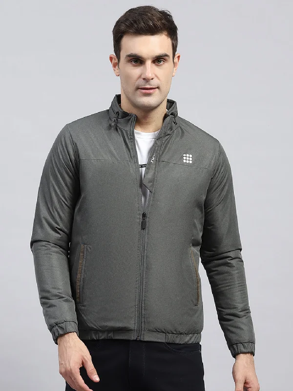 Cool Jackets Men Olive Solid Mock Neck Full Sleeve Jacket