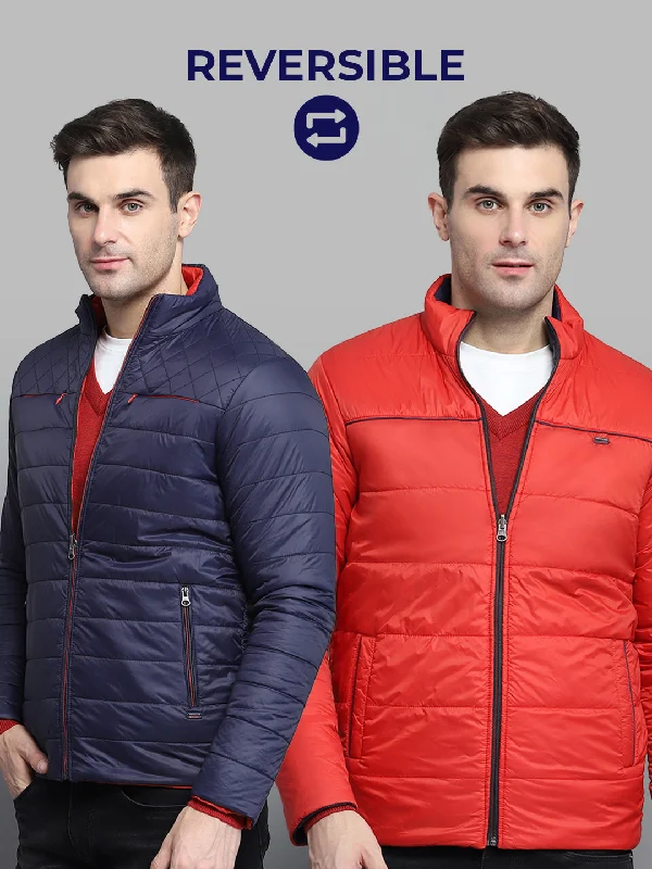 Street Outfit Men Navy Blue Solid Mock Neck Full Sleeve Jacket