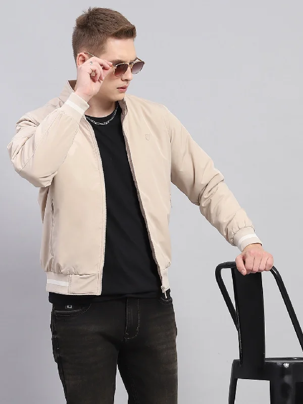 Business Casual Men Beige Solid Mock Neck Full Sleeve Jacket