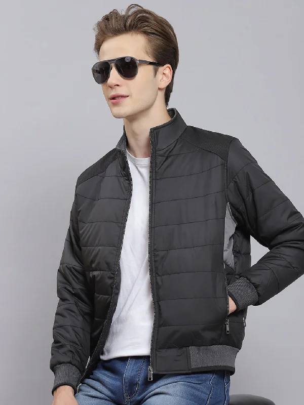 Soft Fabrics Men Black Solid Stand Collar Full Sleeve Jacket
