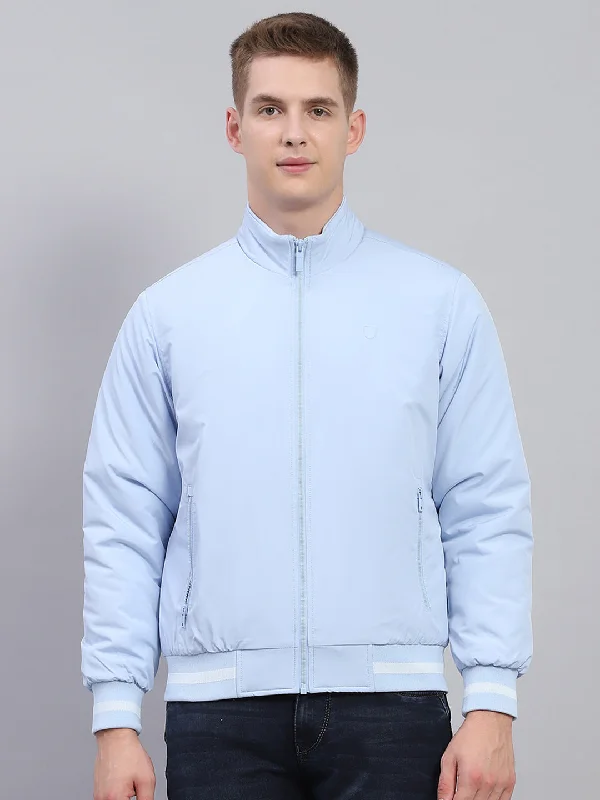 Casual Attire Men Sky Blue Solid Mock Neck Full Sleeve Jacket