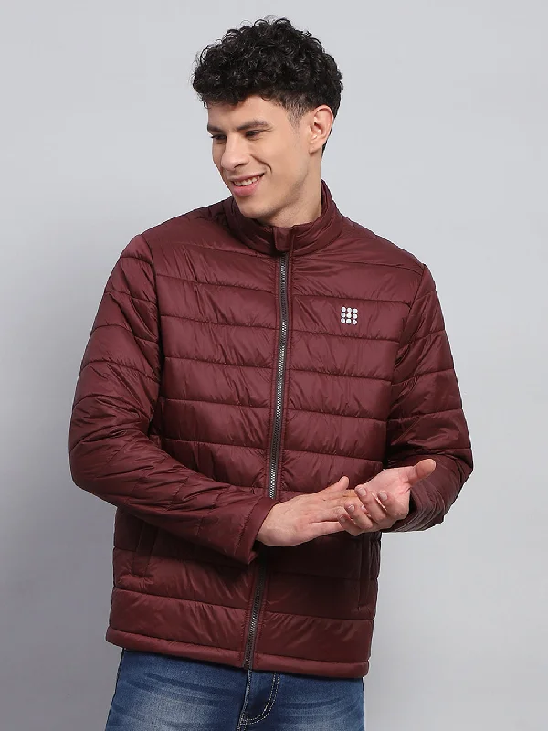 Bold Colors Men Maroon Solid Mock Neck Full Sleeve Jacket