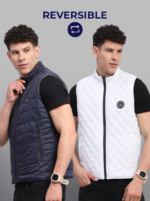 Fashion Jeans Men Navy Blue Solid Mock Neck Sleeveless Reversible Jacket