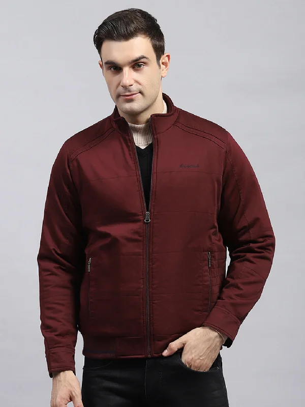 Cozy Jackets Men Maroon Solid Mock Neck Full Sleeve Jacket