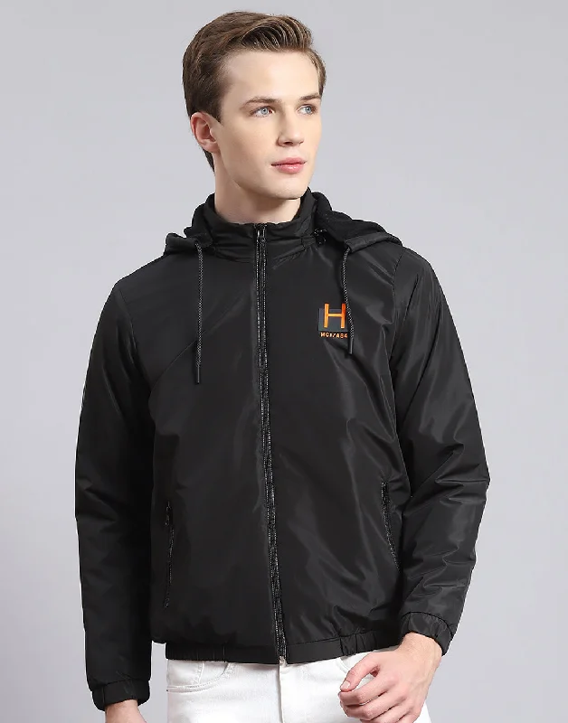 Relaxed Jackets Men Black Solid Hooded Full Sleeve Jacket