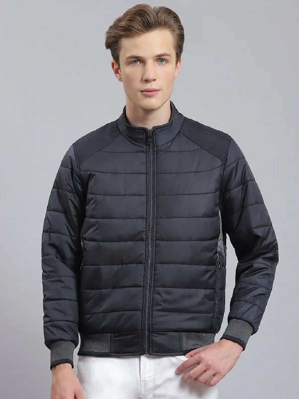 Office Outfits Men Navy Blue Solid Stand Collar Full Sleeve Jacket