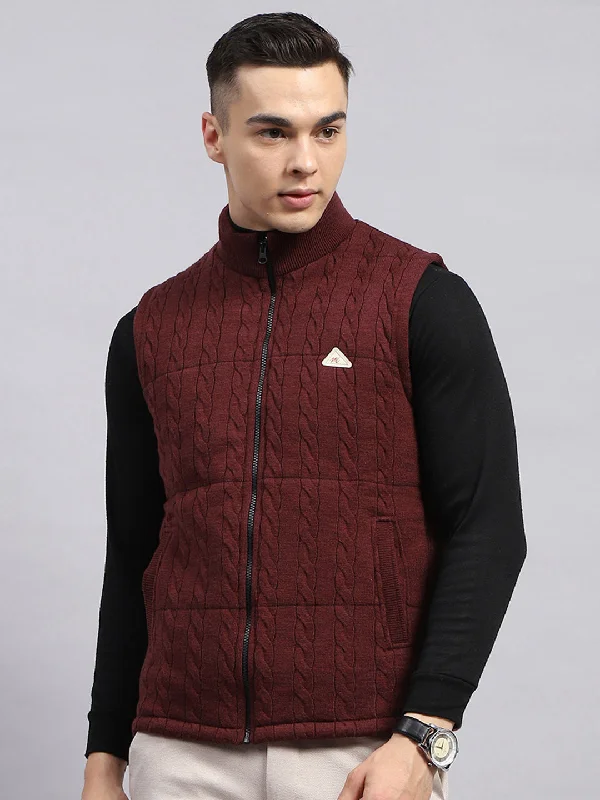 Weekend Styles Men Maroon Self Design Mock Neck Sleeveless Jacket