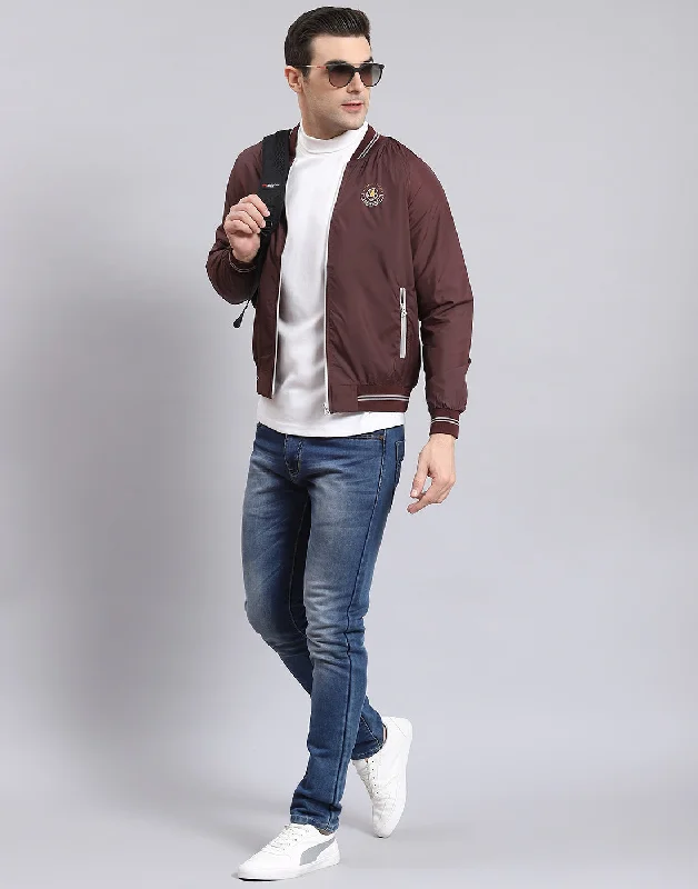 Travel Wardrobe Men Maroon Solid Mandarin Collar Full Sleeve Jacket