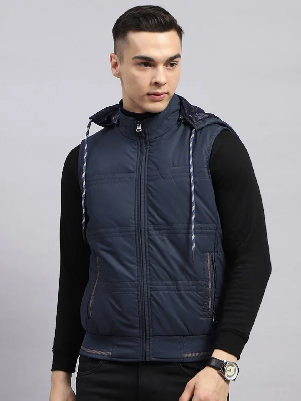 Fashion Tops Men Navy Blue Solid Detachable Hood Sleeveless Jacket