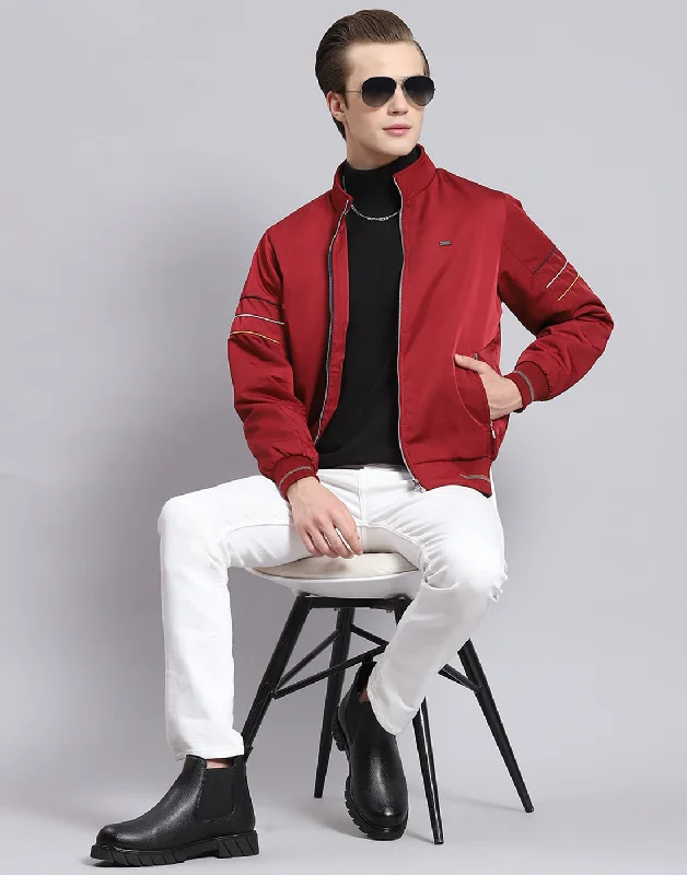 Casual Button-ups Men Maroon Solid Stand Collar Full Sleeve Jacket