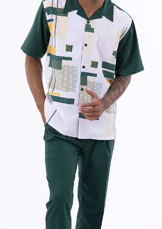 Premium Clothing Emerald Green Line Pattern Walking Suit 2 Piece Short Sleeve Set