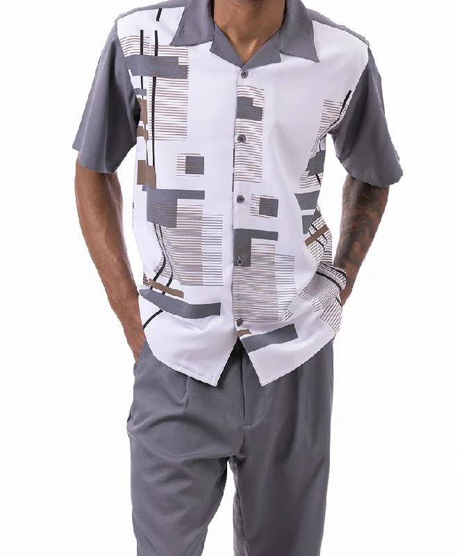 Business Casual Gray Line Pattern Walking Suit 2 Piece Short Sleeve Set