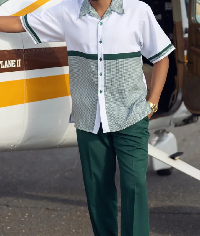 Cool Pieces Emerald Houndstooth Horizontal Color Block Walking Suit 2 Piece Short Sleeve Set Cool Pieces Emerald Houndstooth Horizontal Color Block Walking Suit 2 Piece Short Sleeve Set