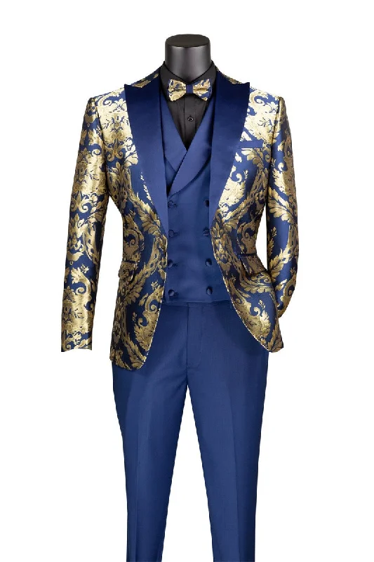 Minimal Apparel Navy Gold Modern Fit 3 Piece Suit with Matching Bow Tie