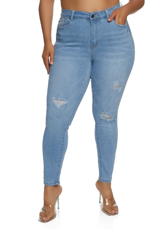 Casual Wear Plus Size WAX Distressed Whiskered High Waisted Skinny Jeans