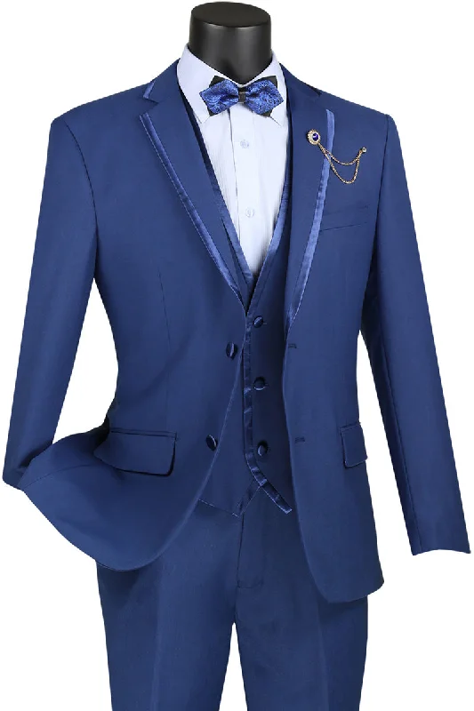 Smart Wear Leonardo Collection - Slim Fit Tuxedo 2 Buttons 3 Piece Suit Blue
