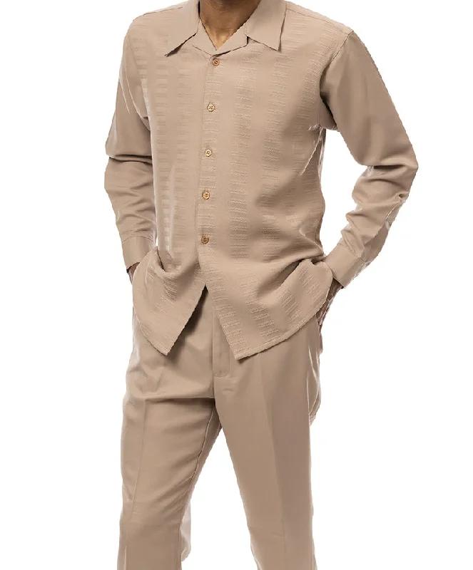 Casual Wear Tan Tone-on-Tone 2 Piece Long Sleeve Walking Suit Set