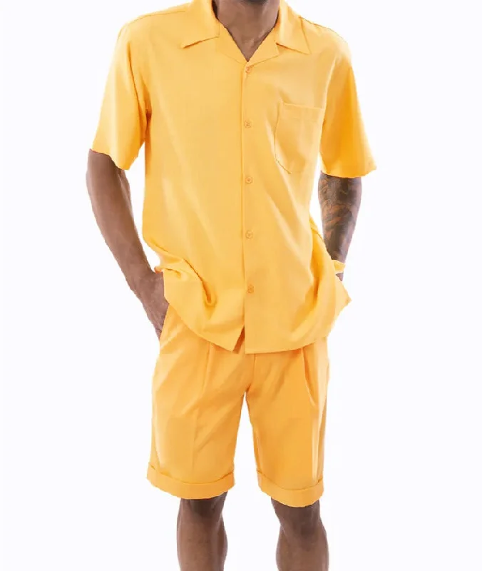 Casual Button-ups Gold 2 Piece Short Sleeve Walking Suit Set with Elastic Waistband Shorts Casual Button-ups Gold 2 Piece Short Sleeve Walking Suit Set with Elastic Waistband Shorts