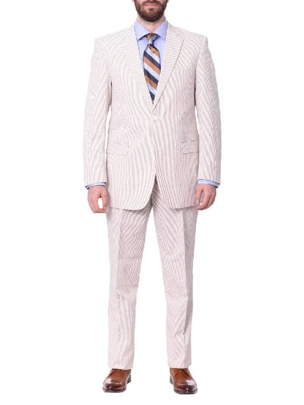 Vintage Style Emigre Classic Fit Tan Striped Two Button Cotton Seersucker Suit
