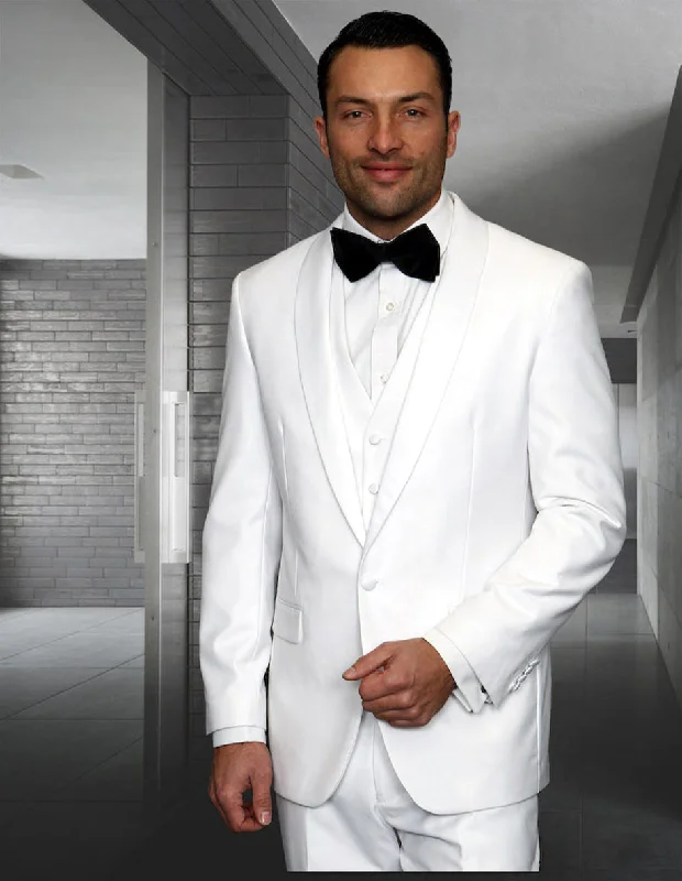 Bold Designs Mens Wool One Button Modern Fit Vested Shawl Prom Tuxedo in White