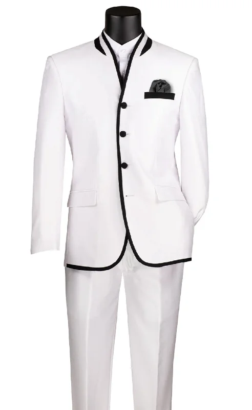 Summer Trends Oriental Collection - Banded Collar Slim Fit Suit Shiny Sharkskin 2 Piece White Summer Trends Oriental Collection - Banded Collar Slim Fit Suit Shiny Sharkskin 2 Piece White